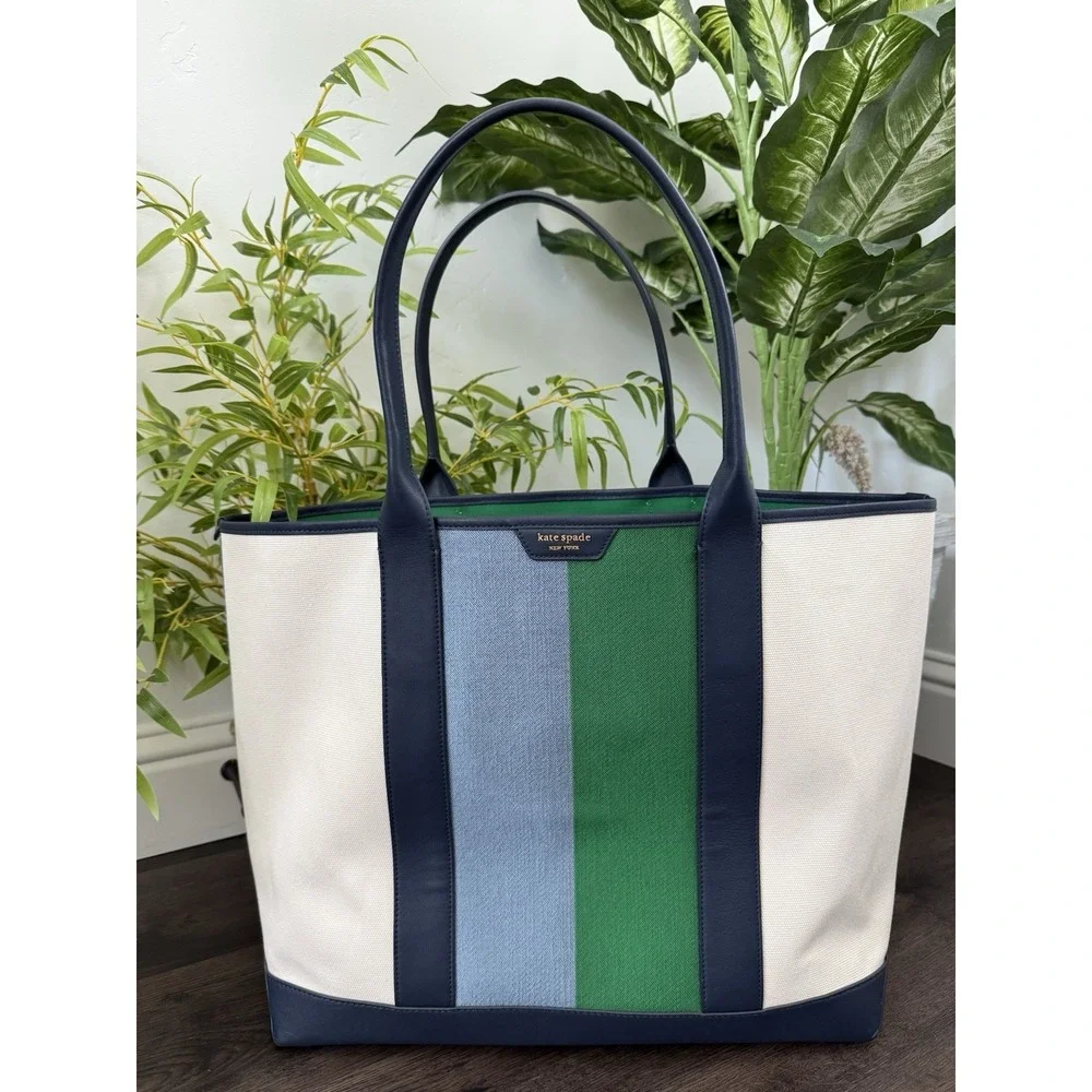 Kate Spade Canvas Racing Stripe Large Tote Bag Cream/Navy Green/Blue Stripe EUC